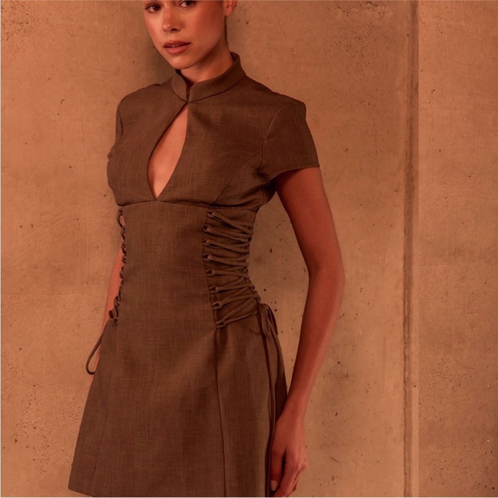 PRETTY LITTLE THING Label Mocha Tailored Band Collar Lace Up A-line Dress